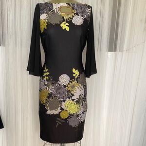Joseph Ribkoff Black Dress with Yellow Gold and Gray Floral Design Size 8